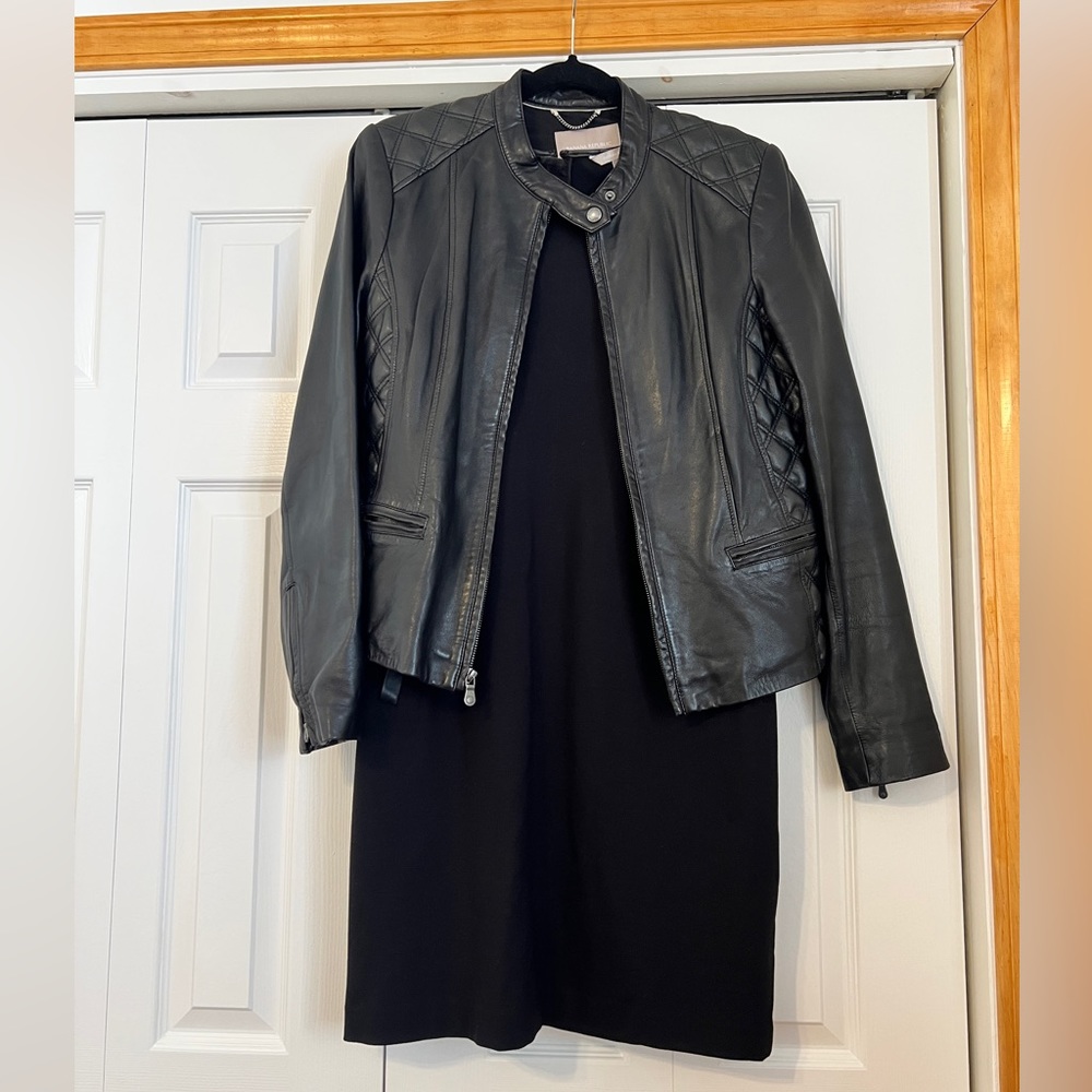 Banana Republic black leather jacket and coordinating dress